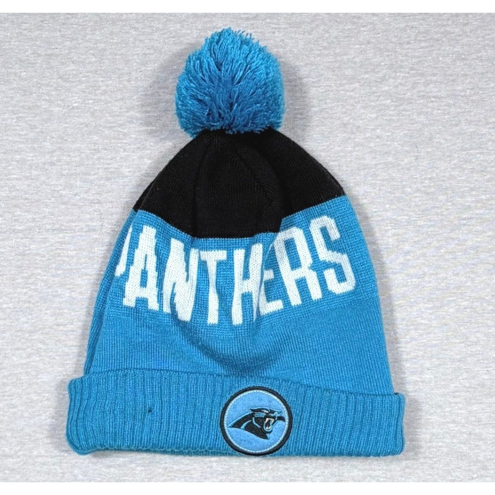 New Era NFL Carolina Panthers Knit Beanie Blue Black Pom Fleece Lined Unisex Hat